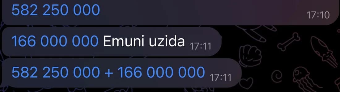 Mijoz yozishmasi: 582 250 000 + 166 000 000 so'm savdo